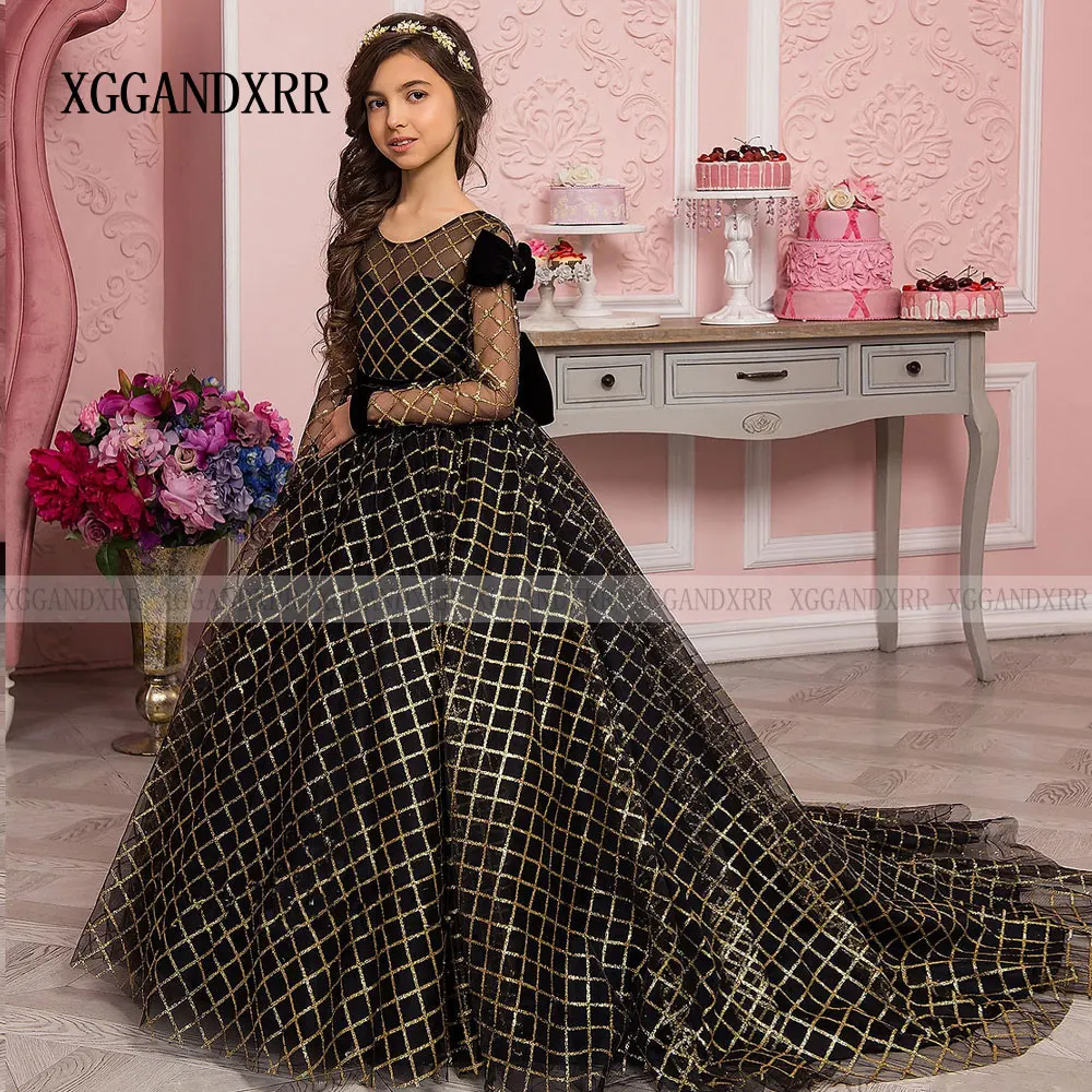 Vestido negro elegante para niña de las flores, minivestido brillante con lazo en la espalda para fiesta de cumpleaños, boda, hija árabe, princesa para graduación, 2024