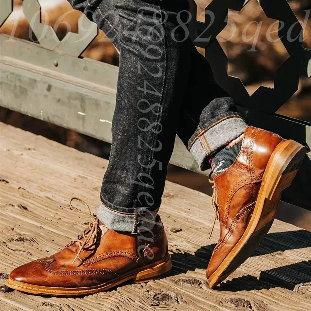 Men's Vintage Distressed Black Wingtip Oxford Shoes, Brogue Carving Design with Burnished Finish Leather Classic Lace-Up Closure