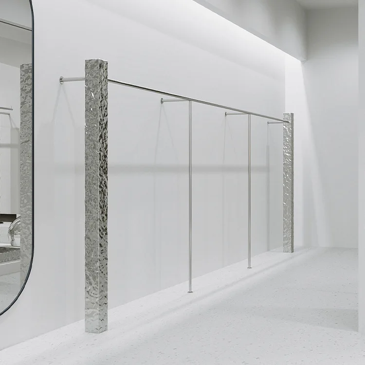 Clothing store display rack stainless steel upper wall shelf creative women's clothing store hanging clothes rod water ripple