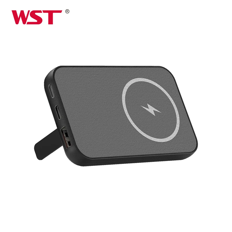 

WST 2024 New Arrivals China Supplier USB Ports Wireless Magnetic 5000mah Li-polymer Battery Smart Power Bank Built-in Bracket