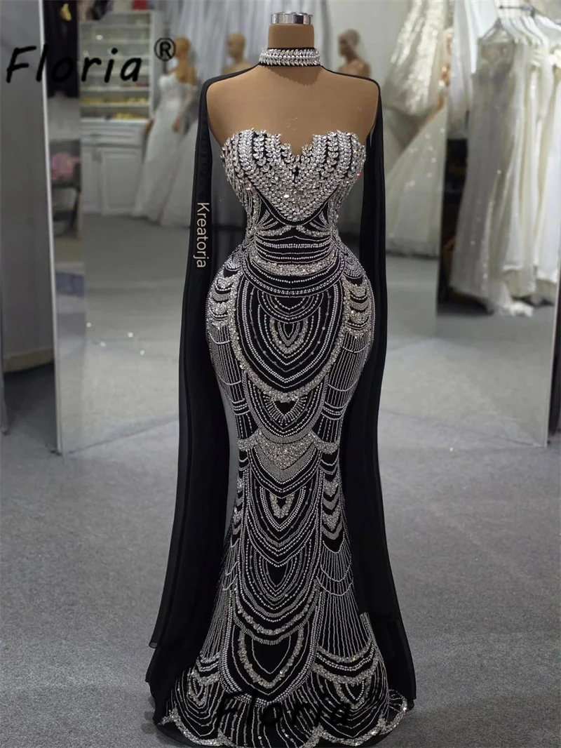 

Elegant Black Mermaid Party Dress Silver Beaded Woman Formal Event Dresses Long Cape Evening Red Carpet Vestidos Gala Customized