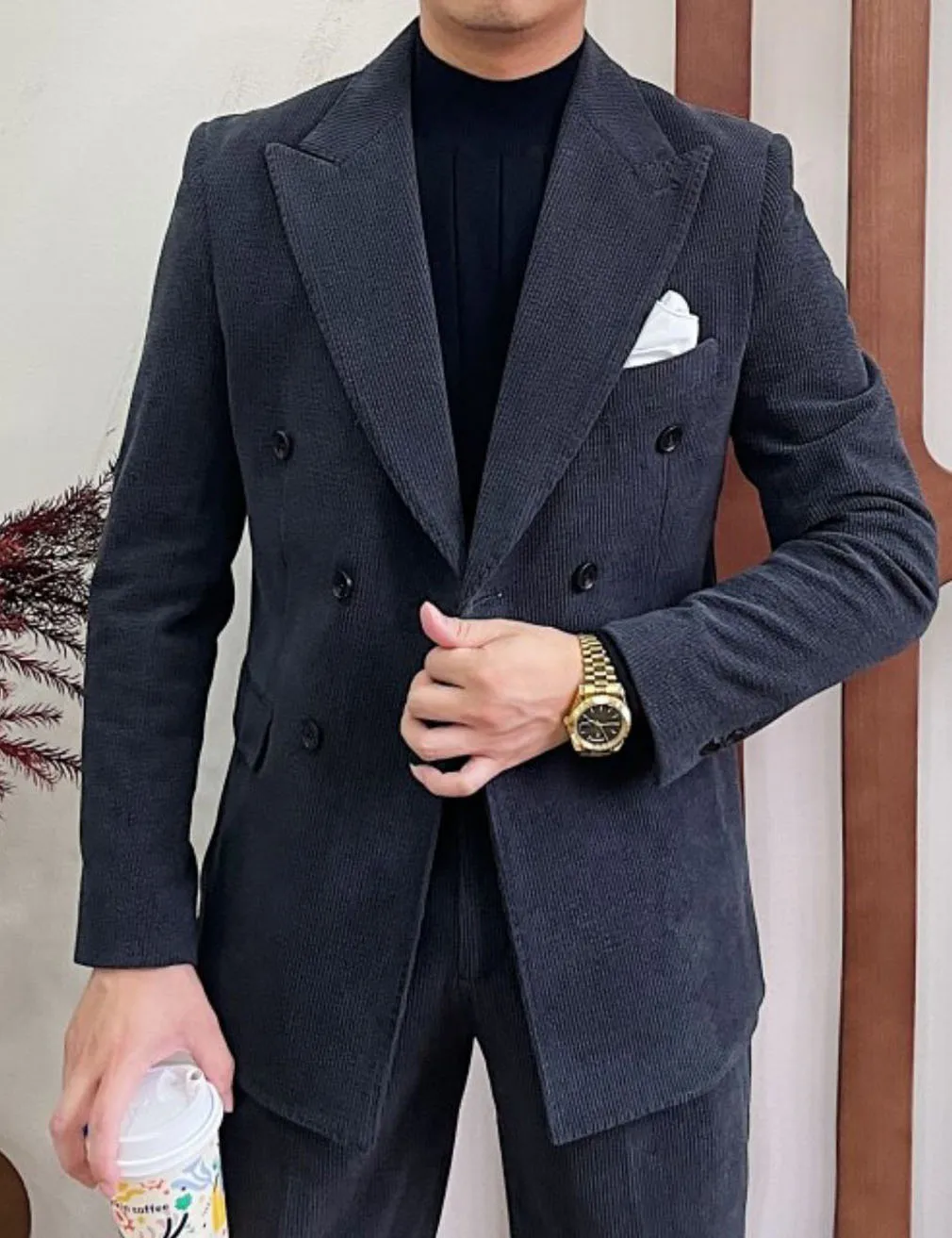

Men's Corduroy Suit Double Breasted Gun Lapel 2 Pieces Jacket Pants Best Party Casual Customized Men's Wedding Outfit Full Suit
