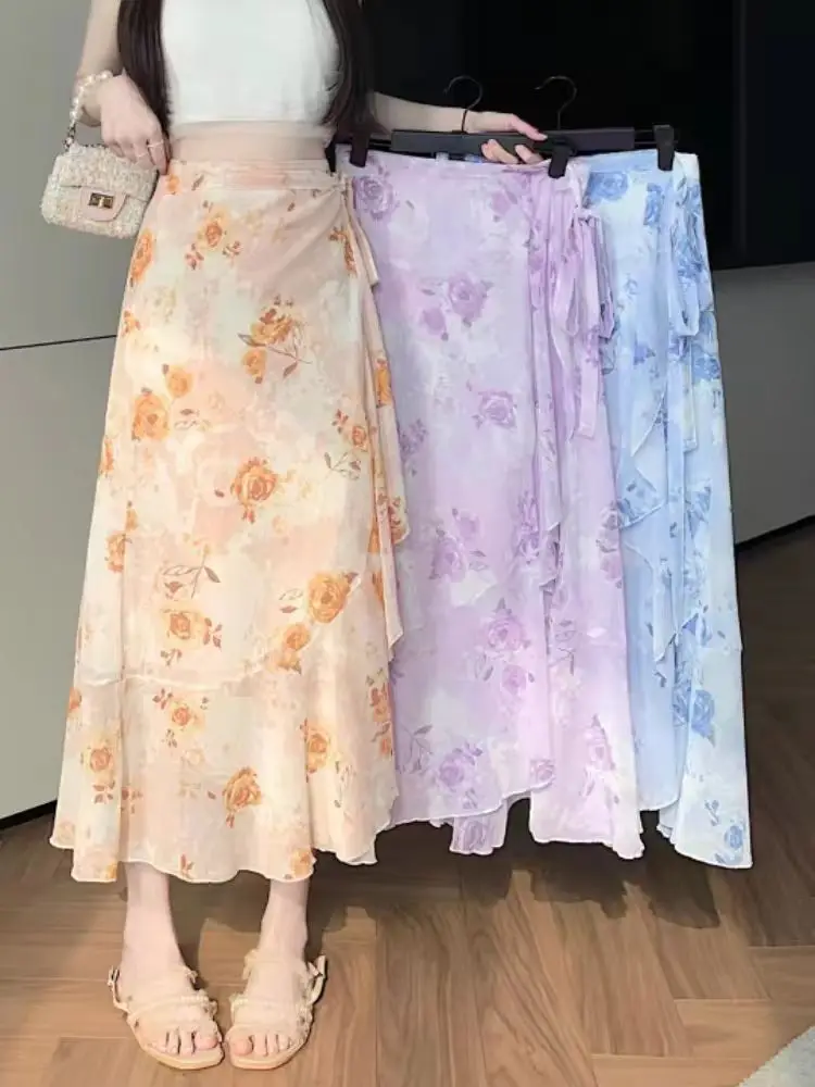 NOVEDAD DE VERANO 2025, falda de gasa Floral de una pieza, falda Midi elegante con dobladillo envolvente y volantes con lazo en la cintura