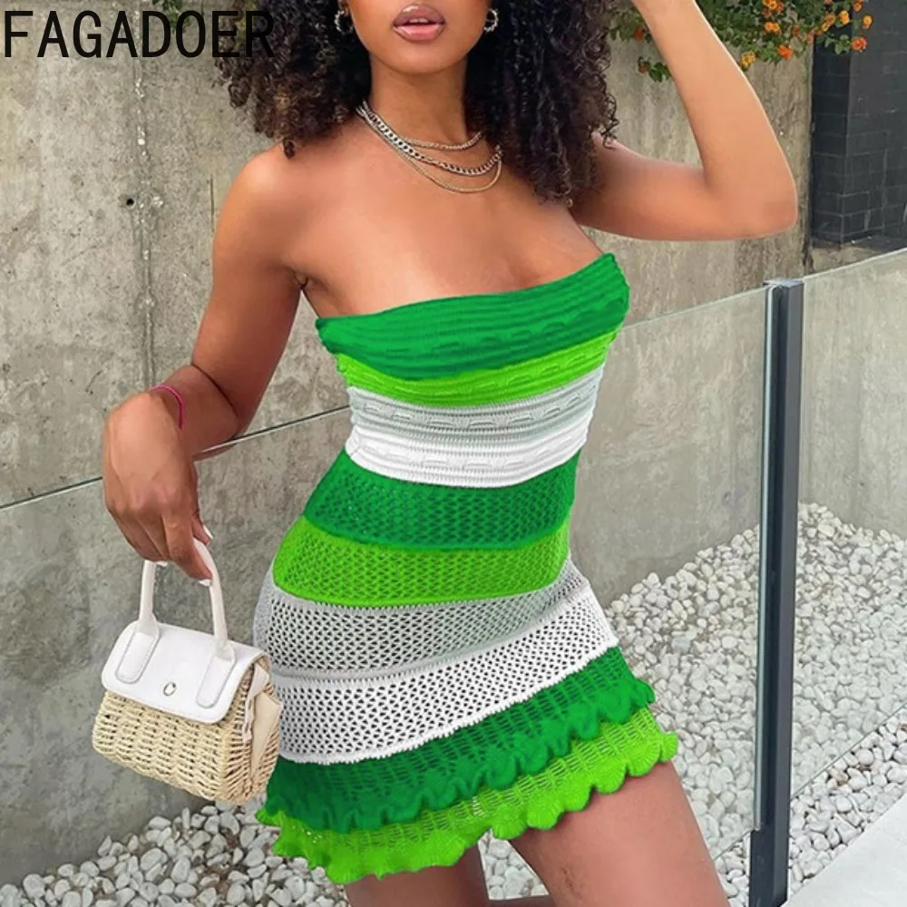 FAGADOER Fashion Color Splicing Print Knitted Bodycon Tube Dress Women Off Shoulder Sleeveless Backless Slim Vestidos Streetwear