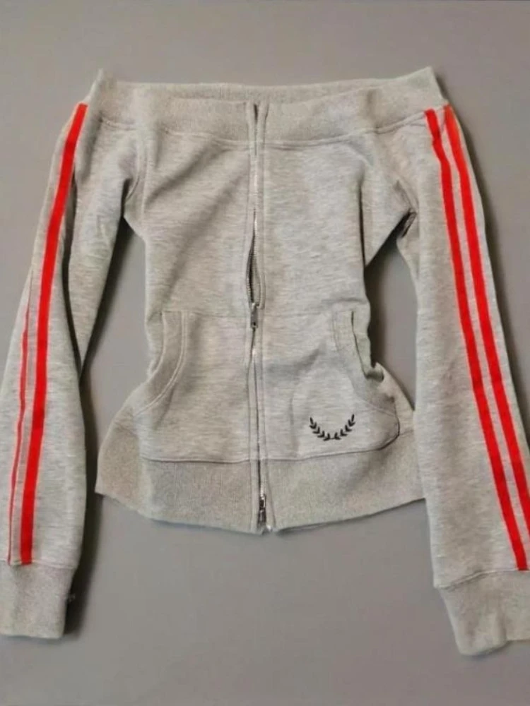 

Эстетическая куртка с открытыми плечами в стиле ретро, осенне-зимняя модная дизайнерская полоска Y2k, тонкие топы, женские уличные топы на молнии в стиле Харадзюку