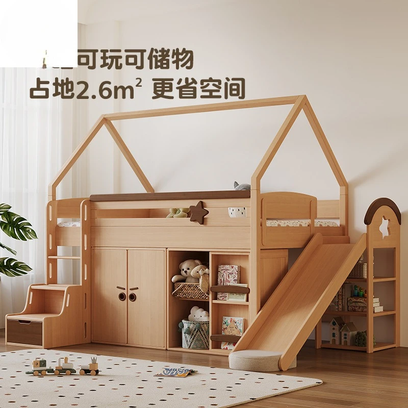 Slide Junior with Tree Solid Wood Beech Children's Half Tall Bed