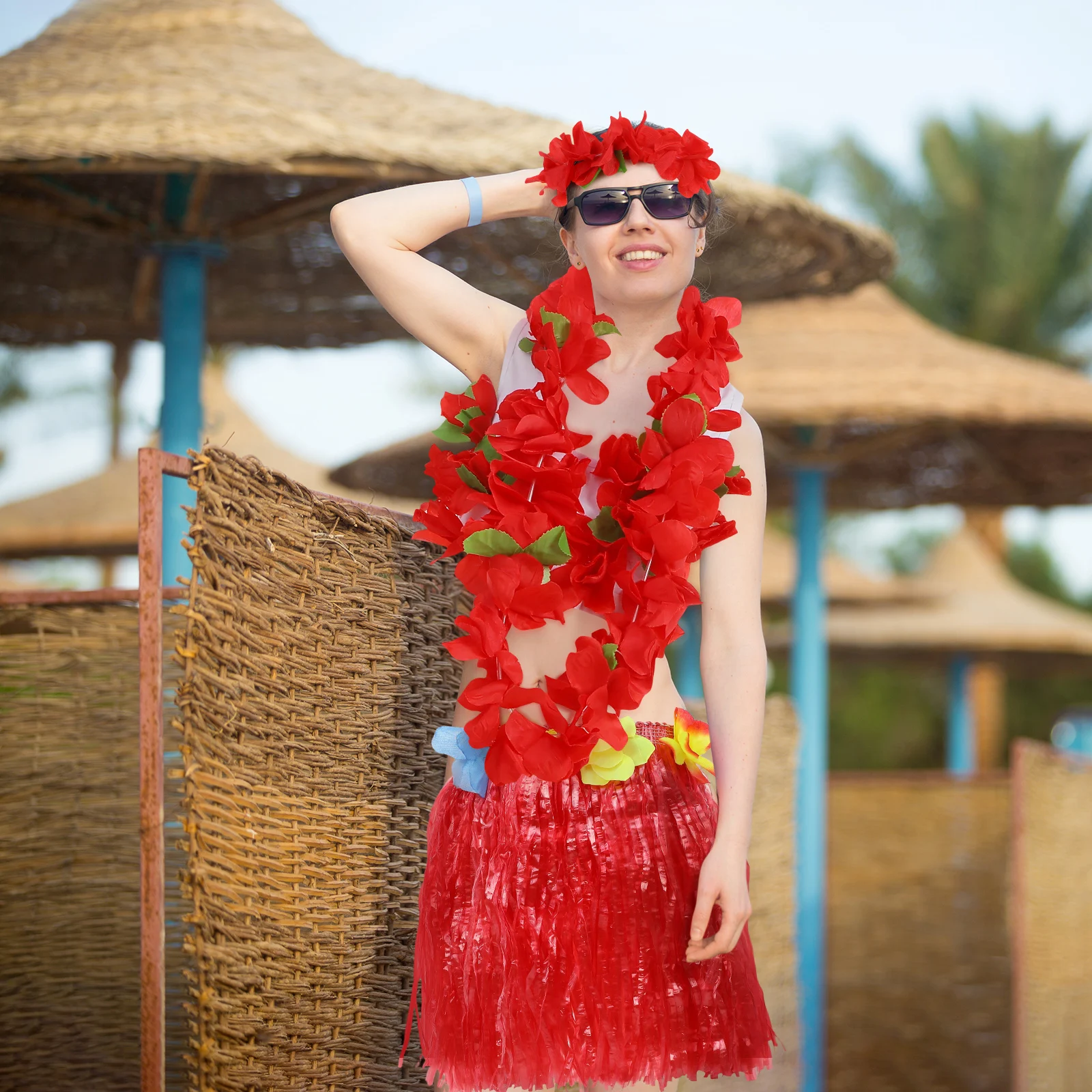 6-teiliges Tanzkostüm Hawaii-Grasrock-Set, tropische Hawaii-Outfits, Damen- und Mädchen-Party-Accessoires, rotes Stirnband, Blume