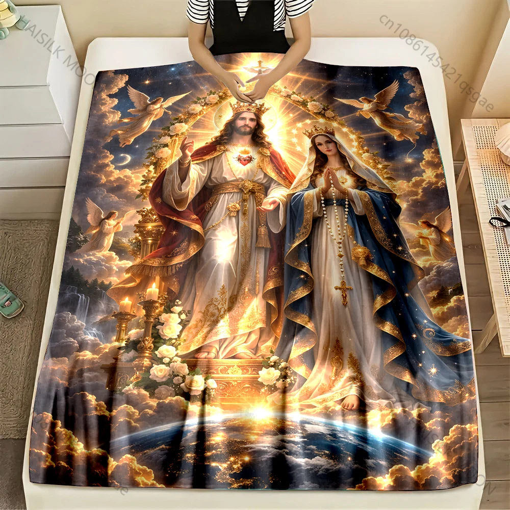 1PC Sacred icon angels surrounding Print Blanket Warm Soft Fluffy Kids Adult Sofa Bed Throw Blanket Outdoor Travel Camping RV