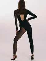 Hipster Tight Jumpsuit Woman Midnight Overalls Streetwear O-Neck Long Sleeve Zipper Sexy See Through Mesh Rompers Women Jumpsuit 2