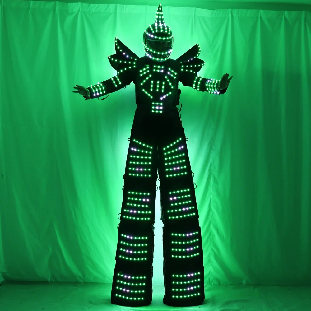 LED Robot Costume Full Color Pixel Clothes Stilts Walker Costume LED Suit Gogo Costume Helmet Laser Gloves CO2 Gun Jet Machine