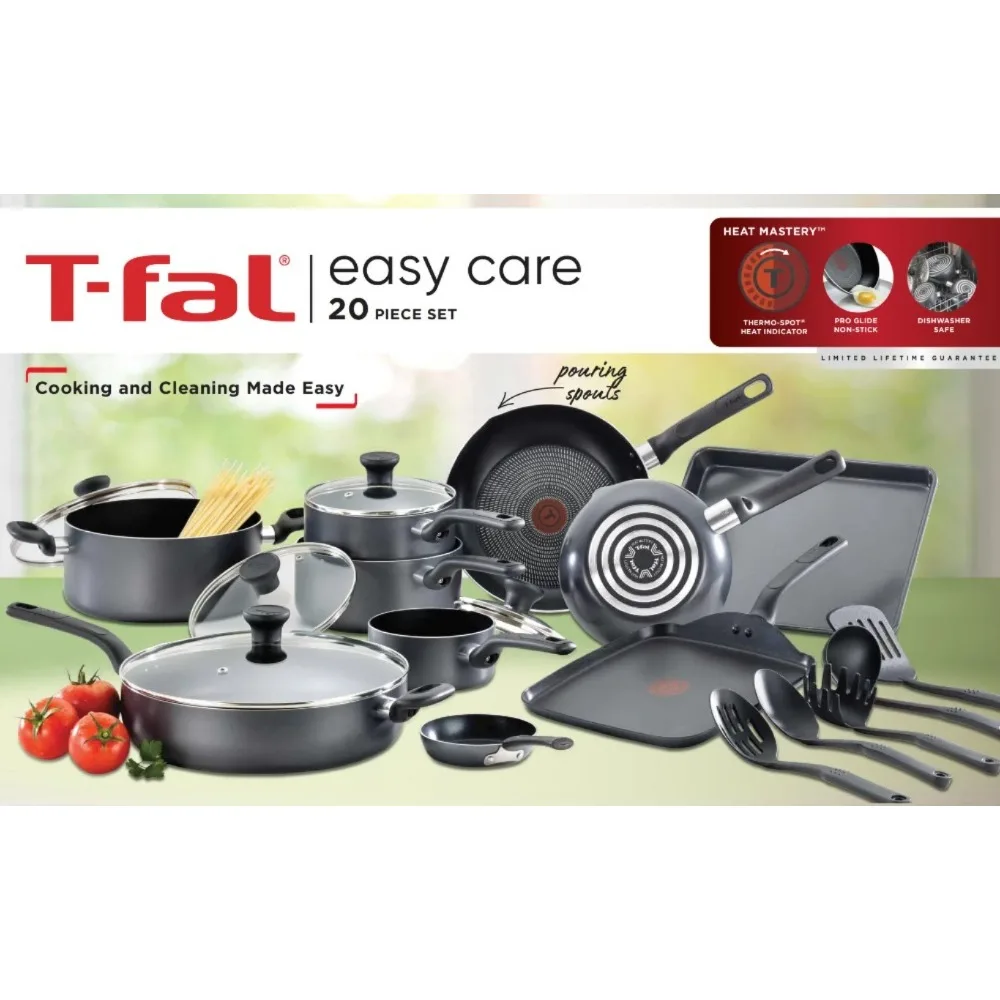 T-fal Easy Care Nonstick Cookware, 20 Piece Set, Grey, Dishwasher Safe