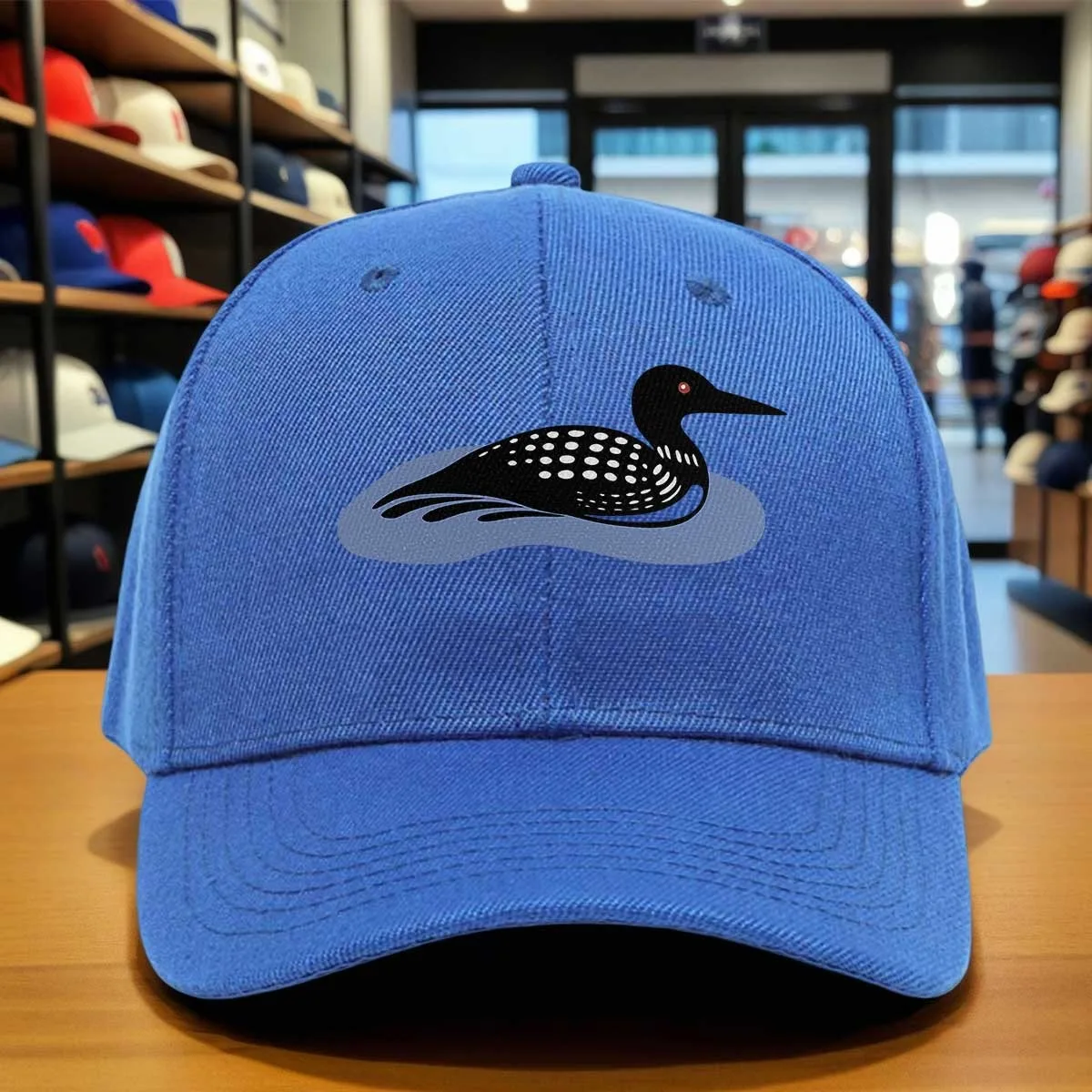 Black Loon Print Baseball Cap with Blue Water Silhouette Design, Adjustable Hook-and-Loop Closure, Suitable for Outdoor, Fishing