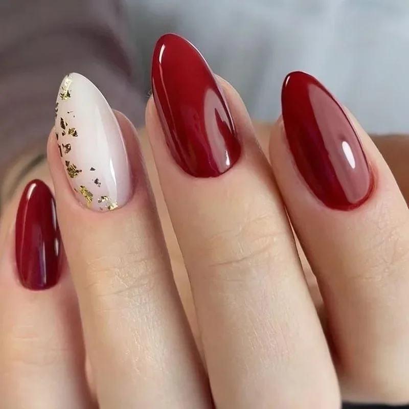 24Pcs Oval-shaped Fake Nail Tips Rhinestone False Nails Wine Red Floral Print Press on Wearable Gentle Flower DIY Stick on Nails