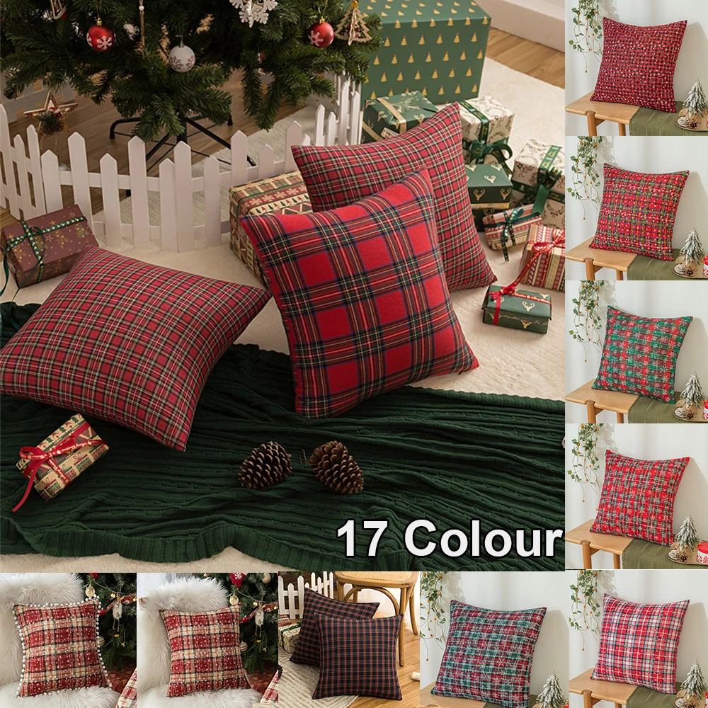 45x45cm Square Pillow Cases Christmas Scottish Tartan Plaid Cushion Covers Bed Sofa Pad Party Decor Snowflake Throw Pillow Cover