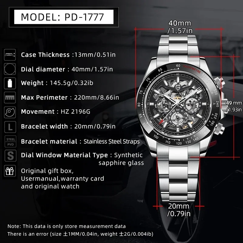 PAGANI DESIGN PD-1777 Skeleton Automatic Watch For Men HZ2196G Movement Synthetic Sapphire Glass 40MM Case Racing Wristwatch