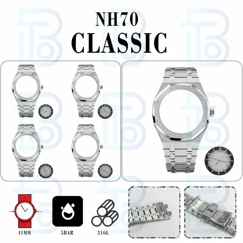 41mm NH70 Watch Case Steel Watchband Sapphire Glass Dial Watch hands Parts Set for AP Royal Oak NH70 Movement Classic Watch DIY