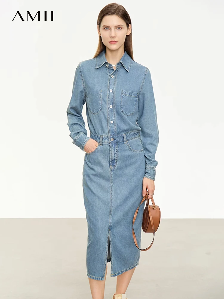 AMII Minimalism Denim New Dresses for Women POLO Neck Long Sleeve 2023 Autumn Casual Embroidery Female Casual Dress 12343028