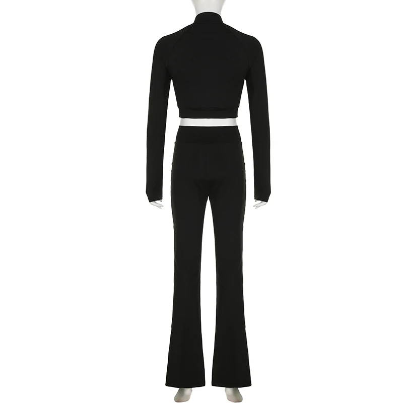 BIIKPIIK Casual Zip Up Black Yoga Women Sets Sexy Crop Top + Basic Elastic Waist Flare Pants Autumn Concise Suit Elegant Outfits