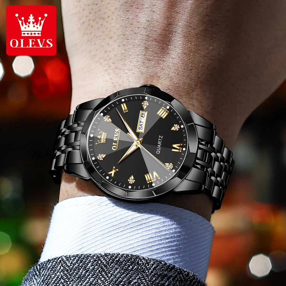 OLEVS 9931Quartz Watch for Men Rhombus Mirror Stainless Steel Waterproof Auto Date Week Clock Simplicity Luxury Men\'s Wristwatch