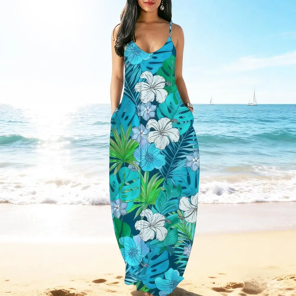 

Summer New Bohemian Style Printed Dress V-neck Slim Loose Suspender Pocket Skirts Fashionable Casual Holiday Style Beach Dress