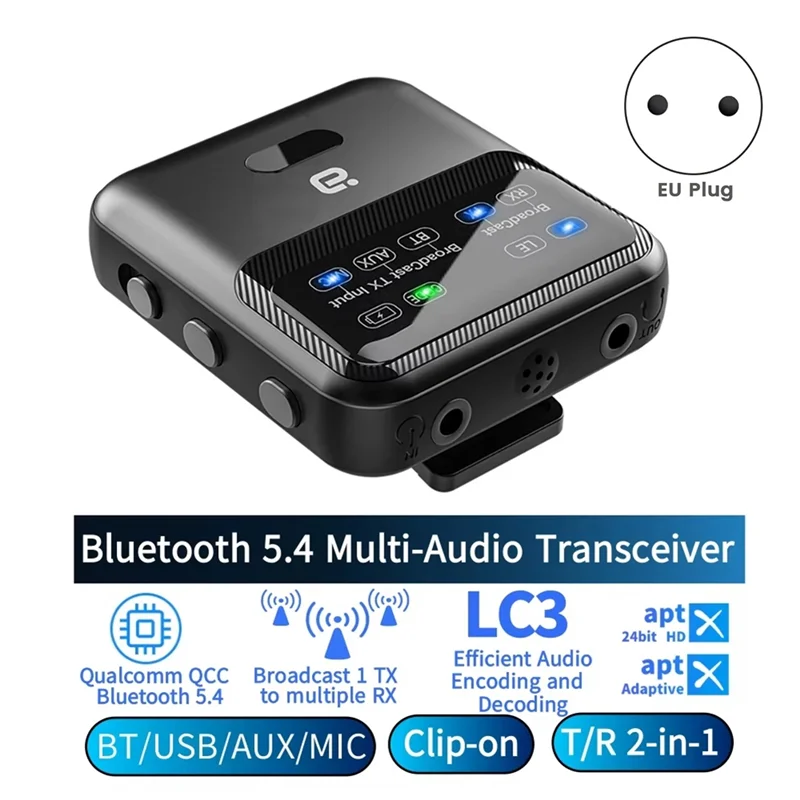 ABSQ-Bluetooth 5.4 Audio Transceiver, LE Audio Adapter, Broadcast 1TX To 100+ RX Devices Sharing, AAC/Aptx-AD/LC3, USB EU Plug