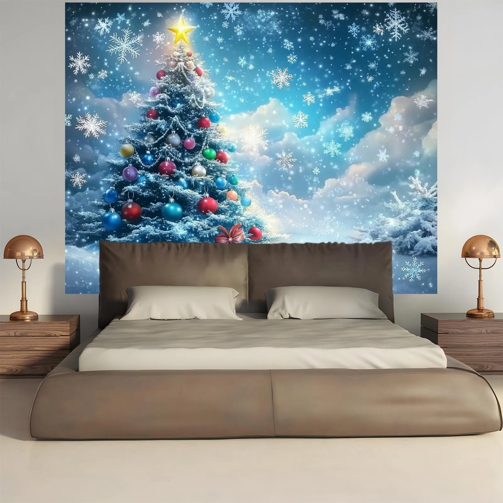 1pc Winter Christmas Tree Tapestry Banner with Snowflakes & Starry Night - Horizontal Reusable Indoor/Outdoor Holiday Decor Suit