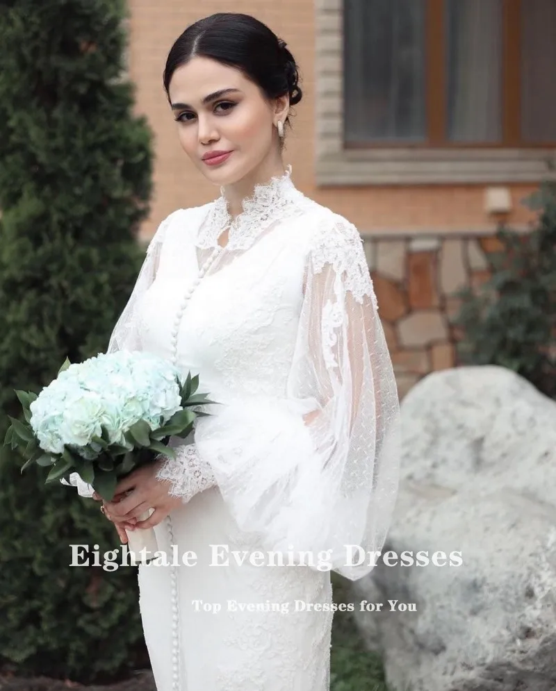 Eightale Abito da sposa arabo Personalizzato Applicazioni in pizzo Maniche lunghe Bianco Avorio Tulle Abito da sposa a sirena Vestido De Noiva