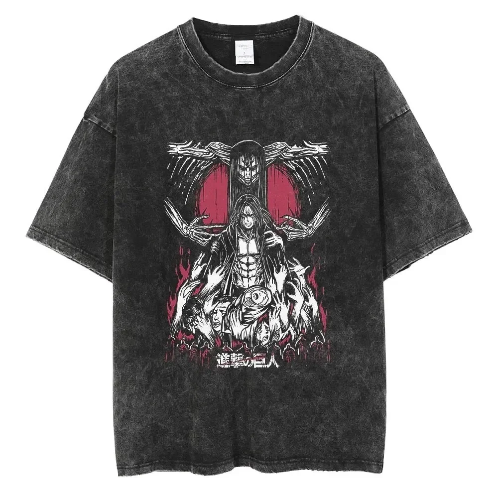 Summer Streetwear Washed Black T-Shirt Japanese Anime Attack on Titan Print TShirt Men Harajuku Cotton Oversize Vintage Tops Tee