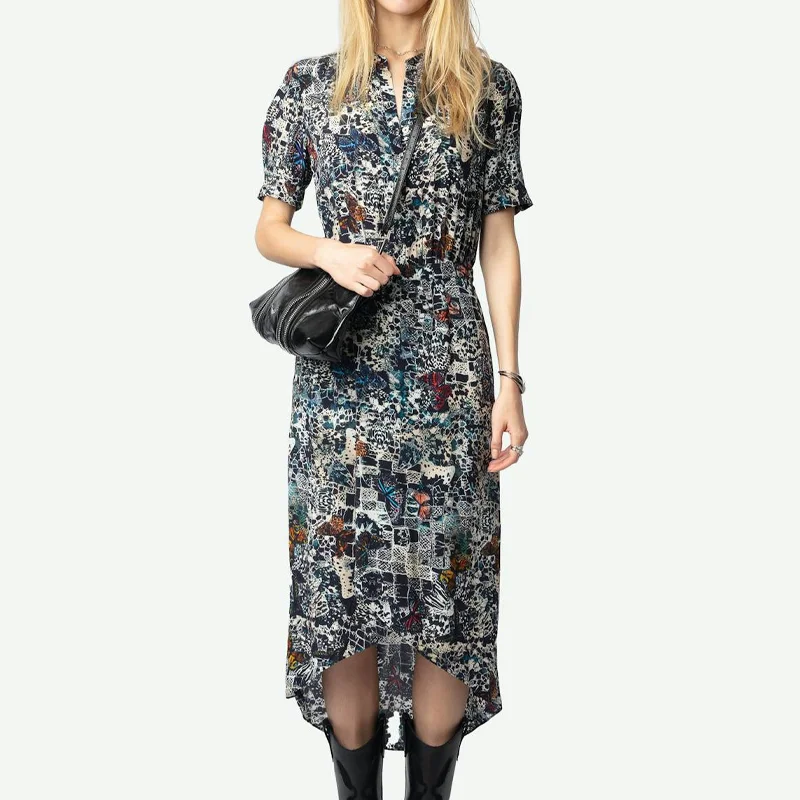 Zadig Female Short Sleeve Dress Casual Elasticated Waist Dresses Women Button Long Jupes Skirt Abstract Print Robes Viscose Robe