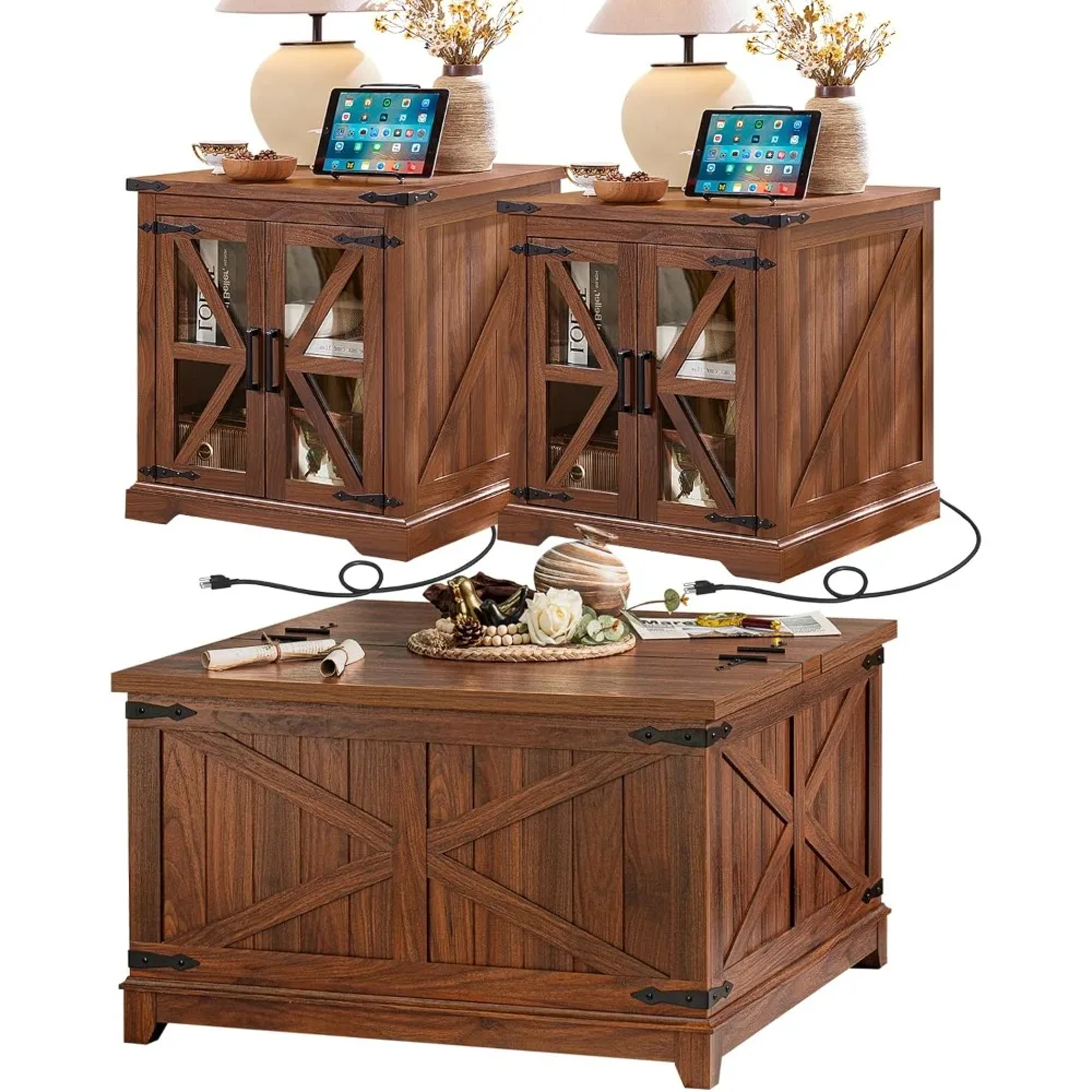 

Наборы журнальных столиков для фермерского дома, мебель из 3 предметов, торцевой столик с зарядной станцией 2 и журнальный столик со скрытым хранилищем Orga