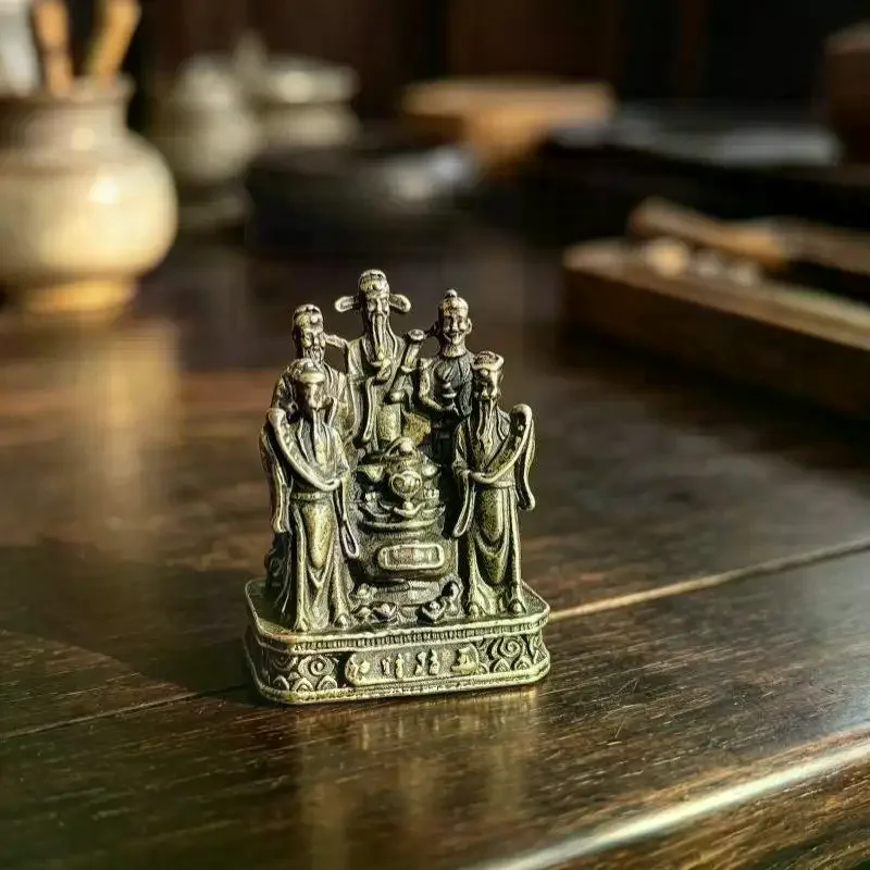Brass Five Chinese Wealth Gods Statue Antique Finish Fortune Blessing For Home Office Feng Shui Decor Collection