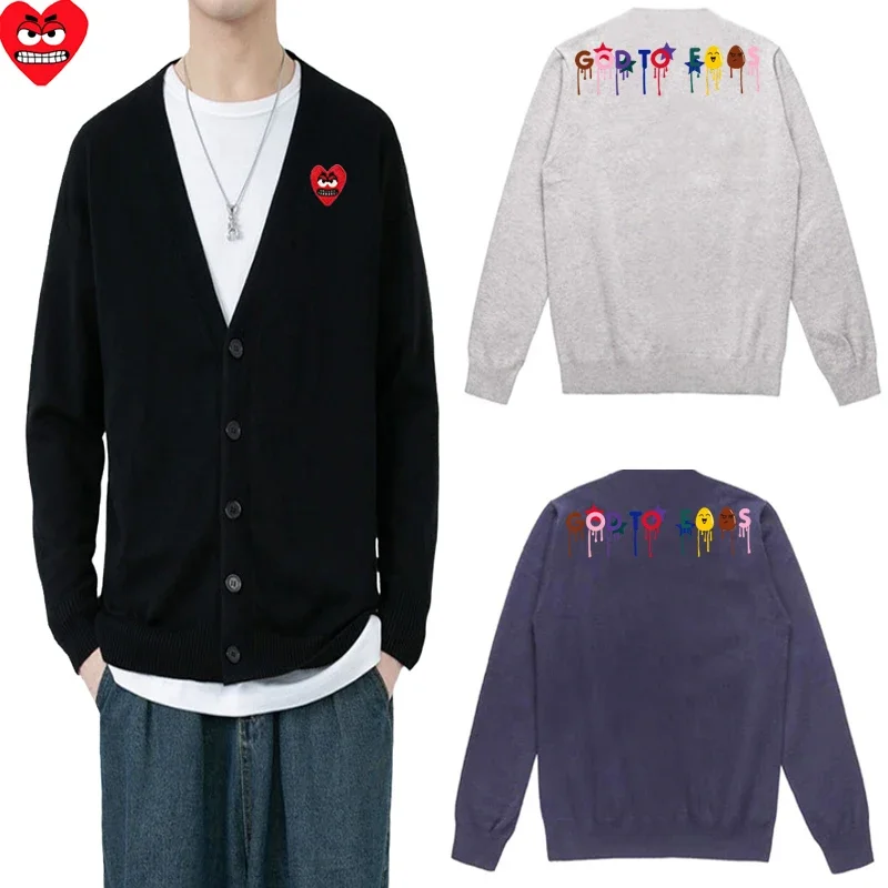 Break Egg Men Open Woolen Sweater Heart Embroidered Colorful Letter Printed V-neck Single Breasted Long Sleeve Autumn Sweater