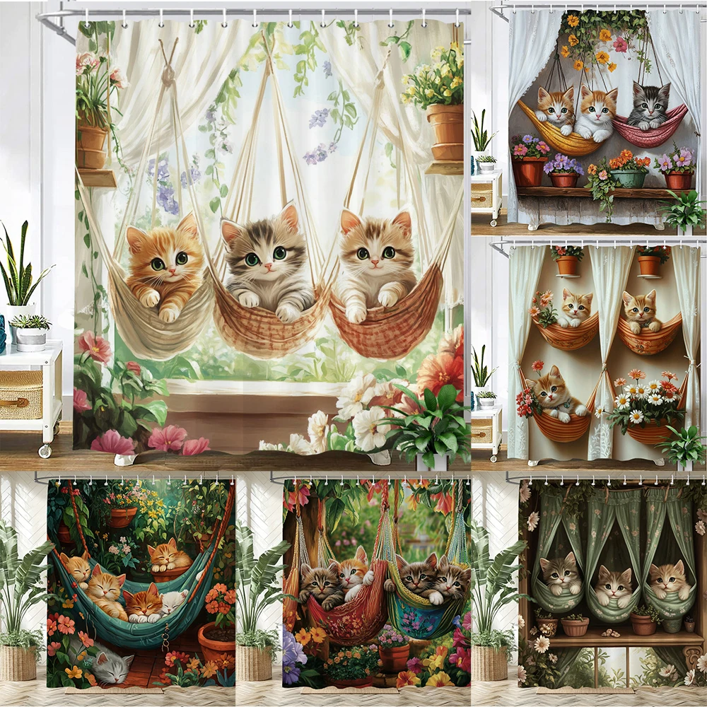 

Lovely cat in flower garden printed shower curtain polyester fabric cartoon bathroom curtain home decoration curtain with hooks