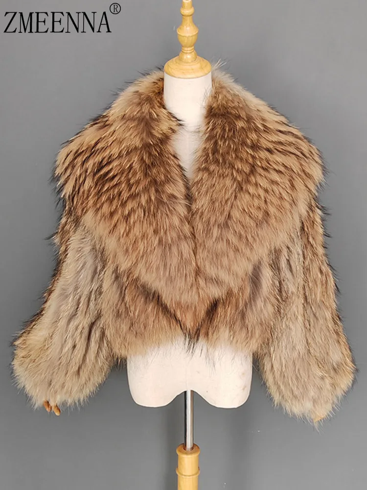 

ZMEENNA женская укороченная меховая куртка коричневого цвета с эффектом омбре, короткое пальто с широкими лацканами и длинными рукавами, зимняя теплая роскошная модная верхняя одежда ZM4572