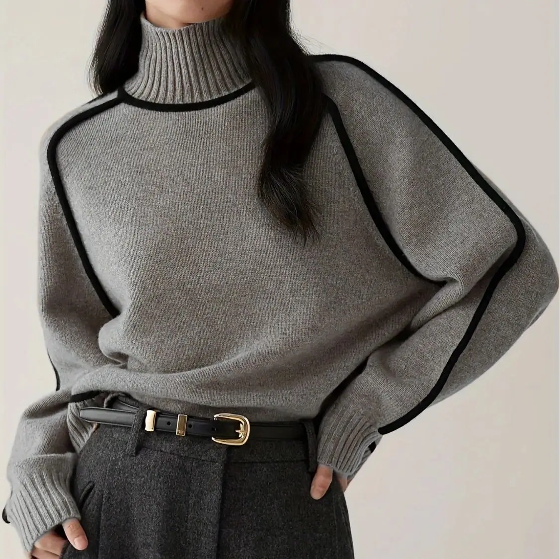 

Women's Elegant Turtleneck Sweater, Long Sleeve, Splicing, Commuter Style, Knitted, New Fashion, Autumn, Winter, 2025