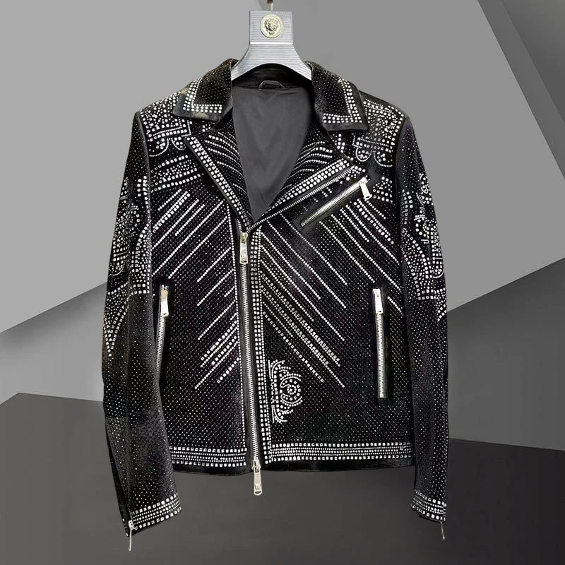 

Men Jacket Coat Fashion Rhinestones Punk Club Outfit Slim Jacket High Quality Luxury Hot Drill Jacket Men Jaqueta Bomber Diamond