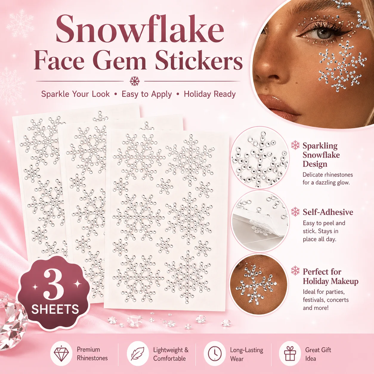 3 Sheets Snowflake Face Gem Stickers, Sparkling Self-Adhesive Rhinestones for Holiday Makeup, Parties & Festivals