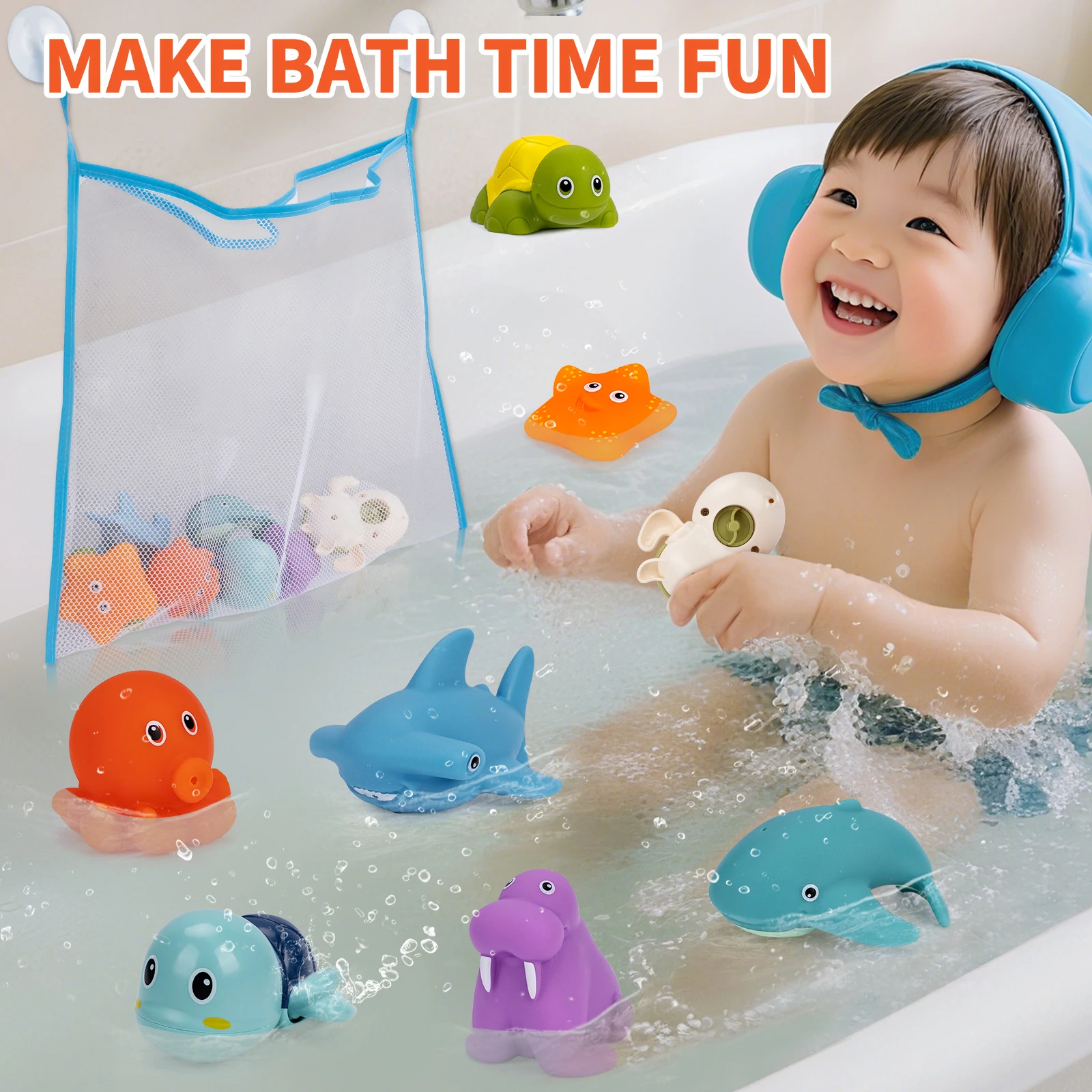 8개 아기 목욕 장난감 수영장 해변 클래식 체인 시계줄 물놀이 장난감 귀여운 만화 물고기 문어 거북이 어린이 물놀이 장난감