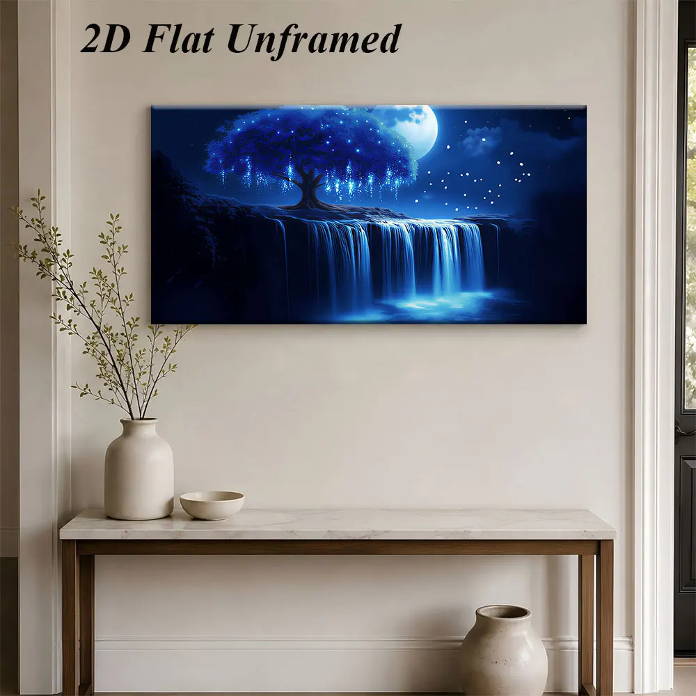 1 piece of dreamy moonlit waterfall tree frameless decorative painting blue toned luminous tree waterfall 2D plan