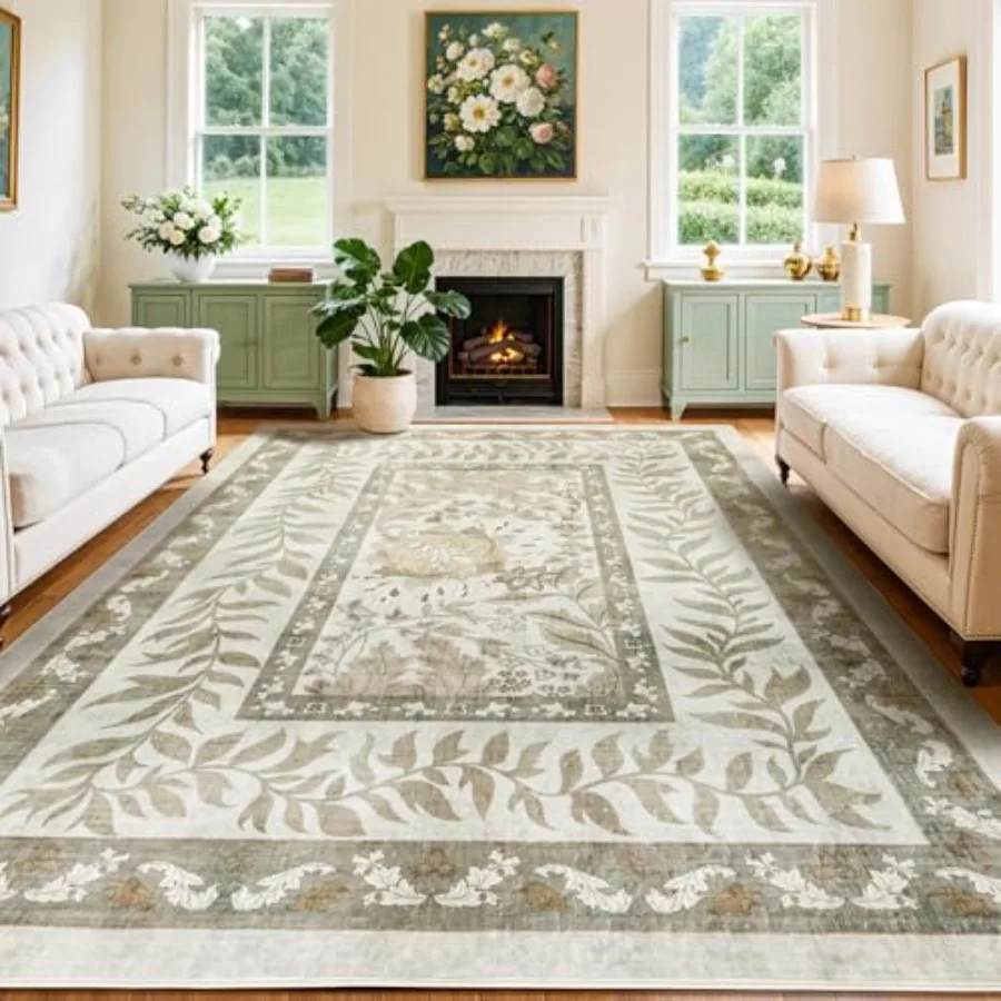 

Washable Rug 10x14 Area Rugs for Living Room Stain Resistant NonSlip Backing Floral Design Rug for BedroomDurable UltraThin Vin