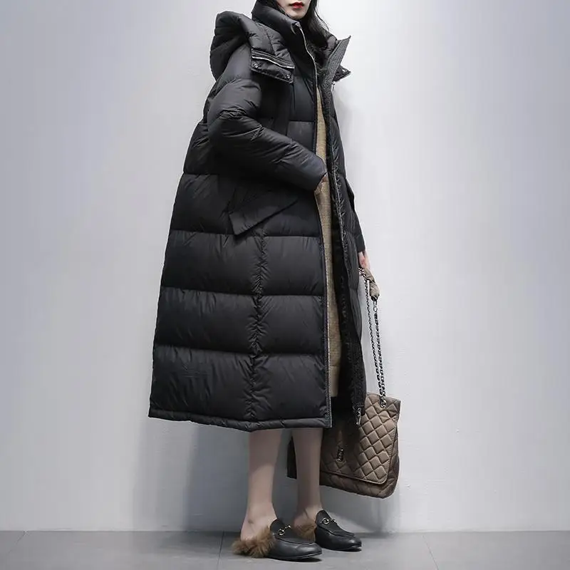 Europäische Winter Neue Damen Daunenjacke Pendeln Mit Kapuze Lange Lose Daunenjacke