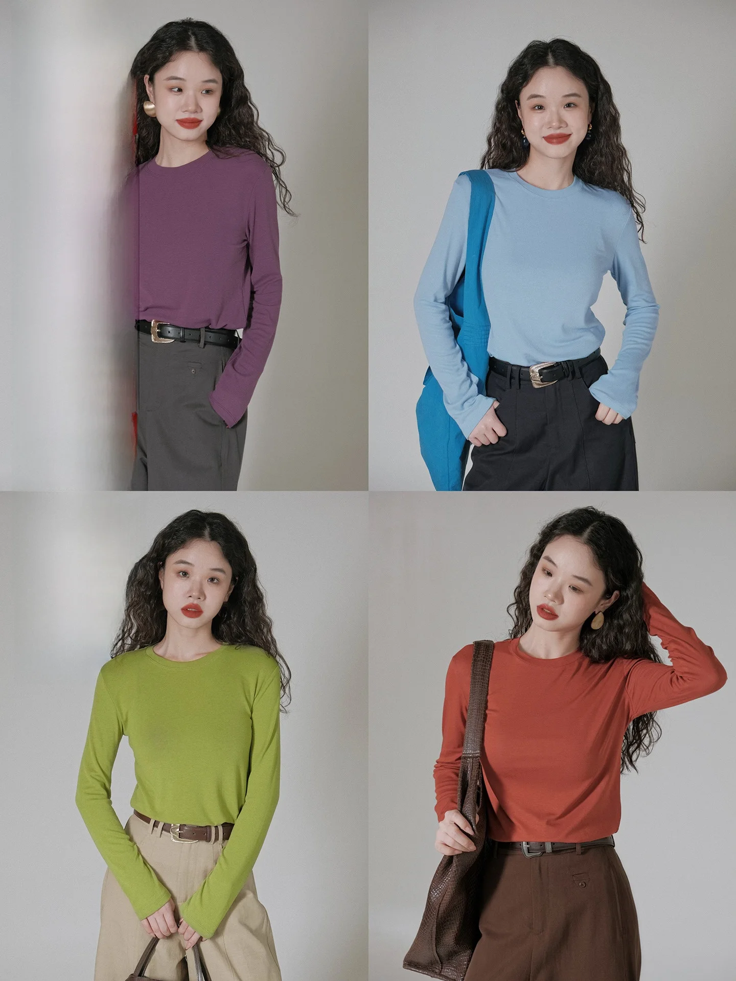 

Classic round Ne Long Sve T-irt Elastic Slim Fit Color Thin Base Layer Autumn Top IVY YANG Casual Sle Universa...