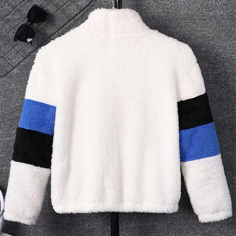 Autumn And Winter Boys Cute Cold And Warm Plush Color Contrast Panel Zipper Jacket Coat For Daily Casual Birthday Party Clothing