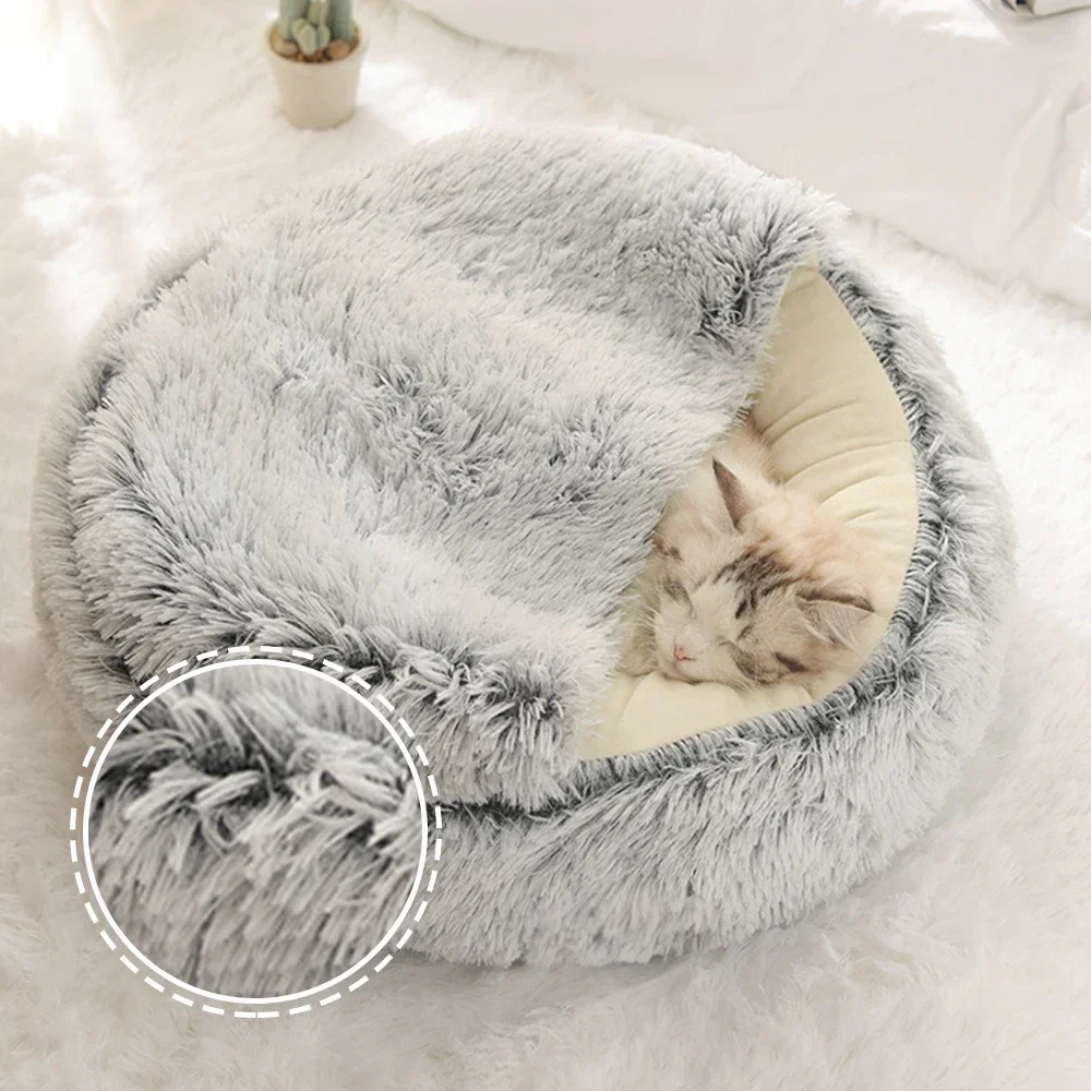 Winter Long Soft Plush Round Cat Bed Pet Mattress Warm Comfortable Basket Cat Dog 2 In 1 Sleeping Bag Nest For Small Dogs Cats