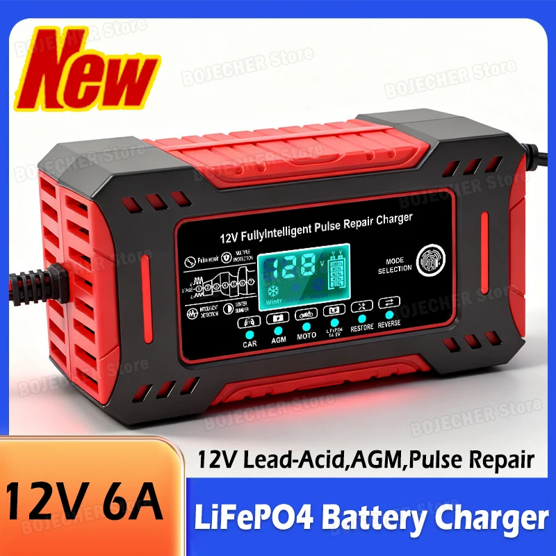 14,6V 6A LiFePO4 Batterieladegerät mit LCD-Display, 12V 6A Max Smart Pulse Repair Batterieladegerät für Auto, Motorrad, Blei-Säure-AGM-Batterien