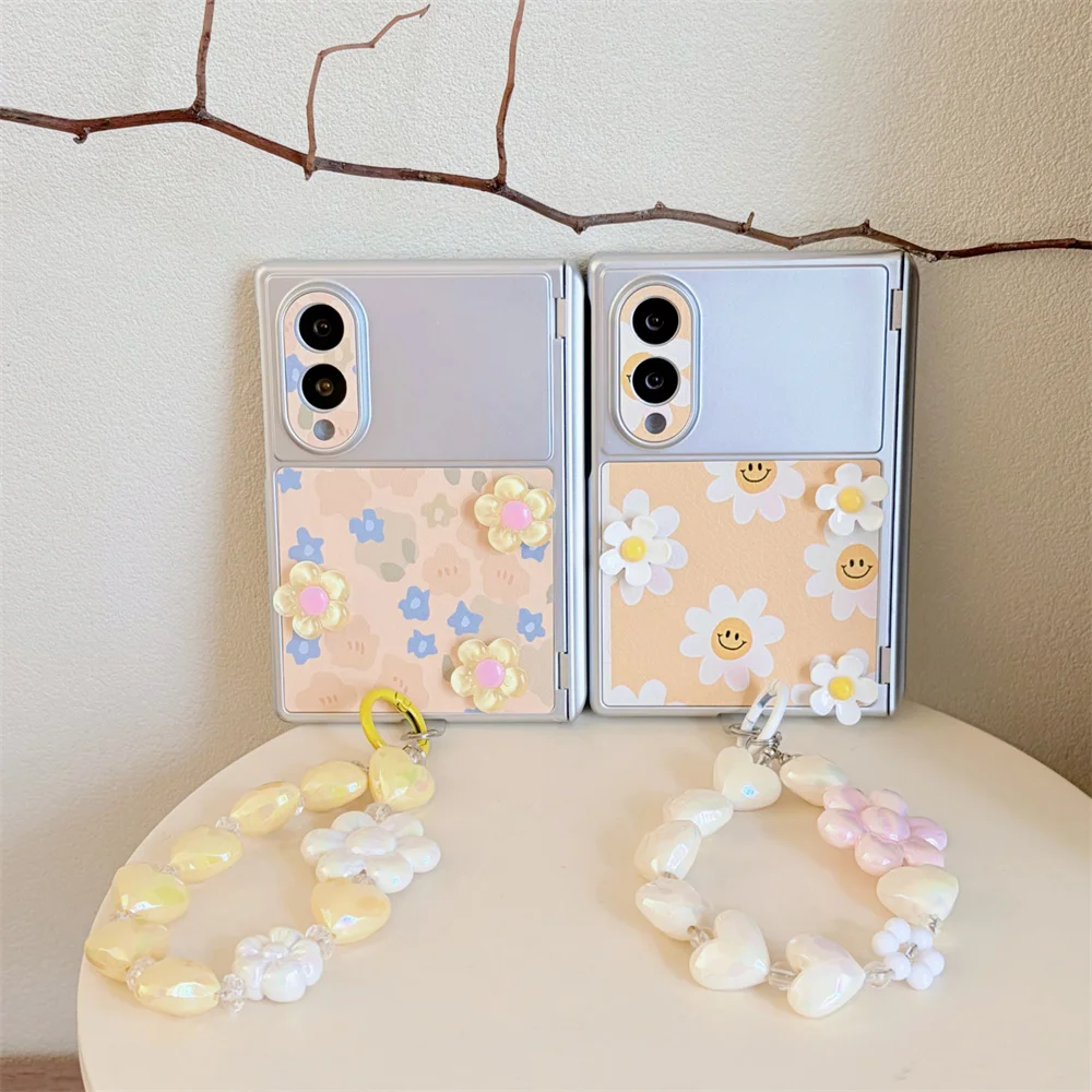 Korean Cute Yellow flowers Phone Case For Samsung Galaxy Z Fold 8 Ultra Fold8 Cover with Stand Chain Kawaii Cases Hard Capa