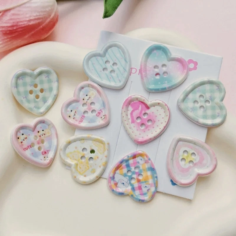10Pcs Cute Spring Macaron Heart Resin Buttons Girls' Clothing Sewing Supplies Handcrafted Hair Clips Phone Cases DIY Accessories