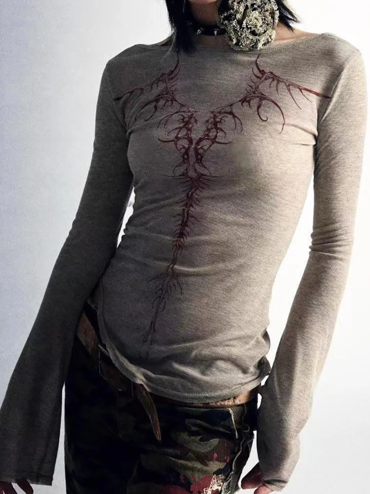 New reversible versatile sexy slim fit printed square neck niche thin top shirt for women's outerwear