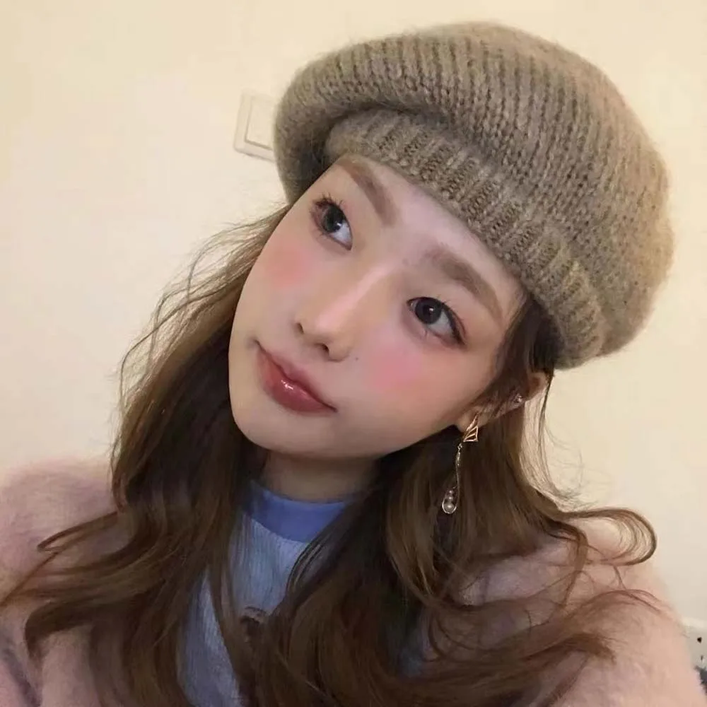 Korean Style Knit Mohair Wool Beret Fashion Elastic Cap Women Autumn Winter Warm Hat Painter Caps