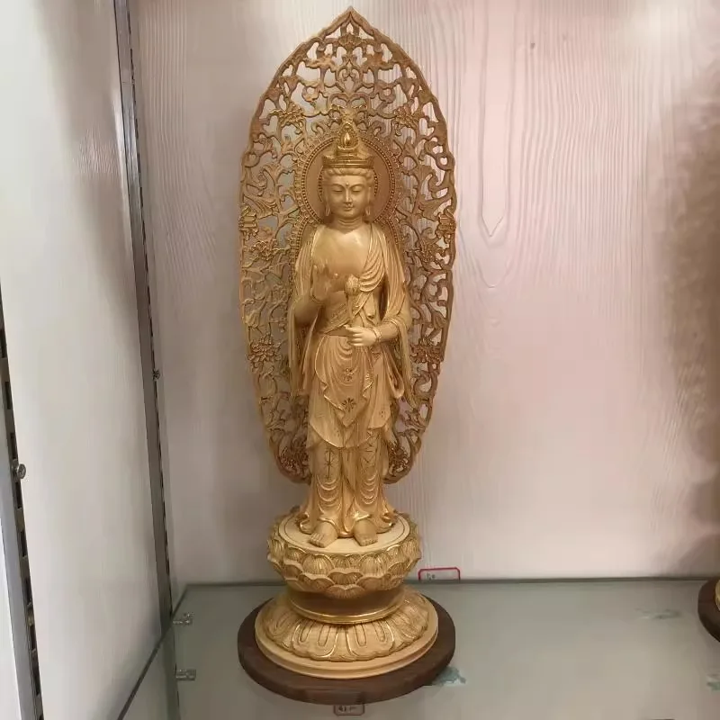 Taiwan Cypress Wood Carved Kwan-yin Bodhisattva Statue, Hand-Held Lotus Goddess, Home Temple Altar Decor, Buddhism Figurine,